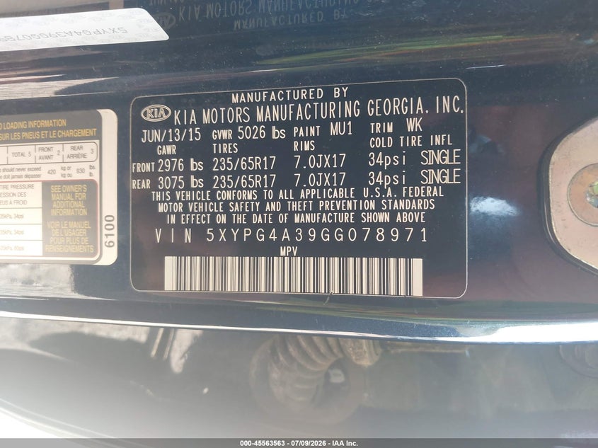 2016 Kia Sorento VIN 5XYPG4A39GG078971 IAAI salvage auction — NORMAL WEAR, Original (Texas), sold $2,800 on 2026-07-23 (photo 9)
