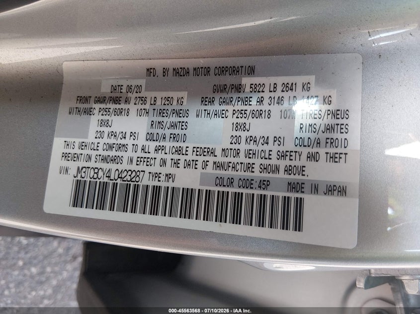 2020 Mazda Cx-9 VIN JM3TCBCY4L0423287 IAAI salvage auction — FRONT END, Mv-907A (New York), sold $2,050 on 2026-07-28 (photo 9)