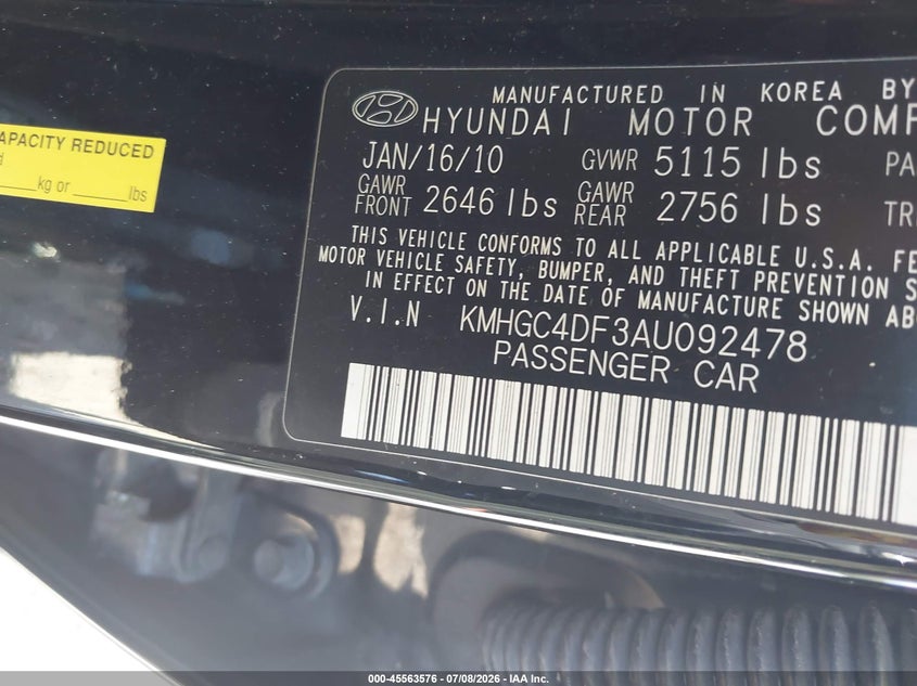 2010 Hyundai Genesis VIN KMHGC4DF3AU092478 IAAI salvage auction — FRONT END, Mv-907A (New York), sold $425 on 2026-07-28 (photo 9)