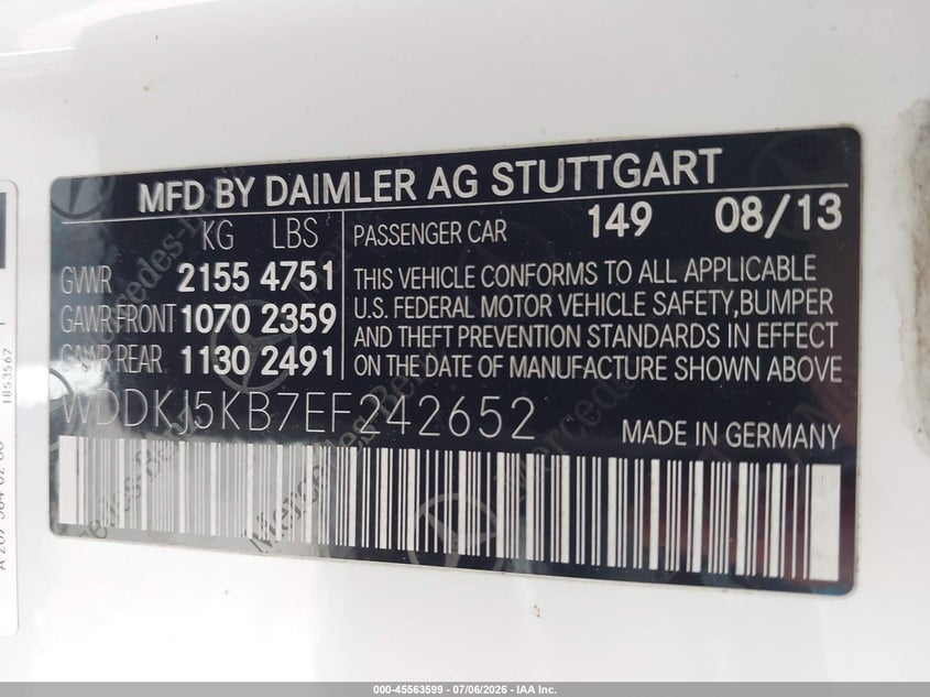 2014 Mercedes-benz E-klasse VIN WDDKJ5KB7EF242652 IAAI salvage auction — RIGHT REAR, Rebuildable (Florida), sold $5,900 on 2026-08-07 (photo 9)