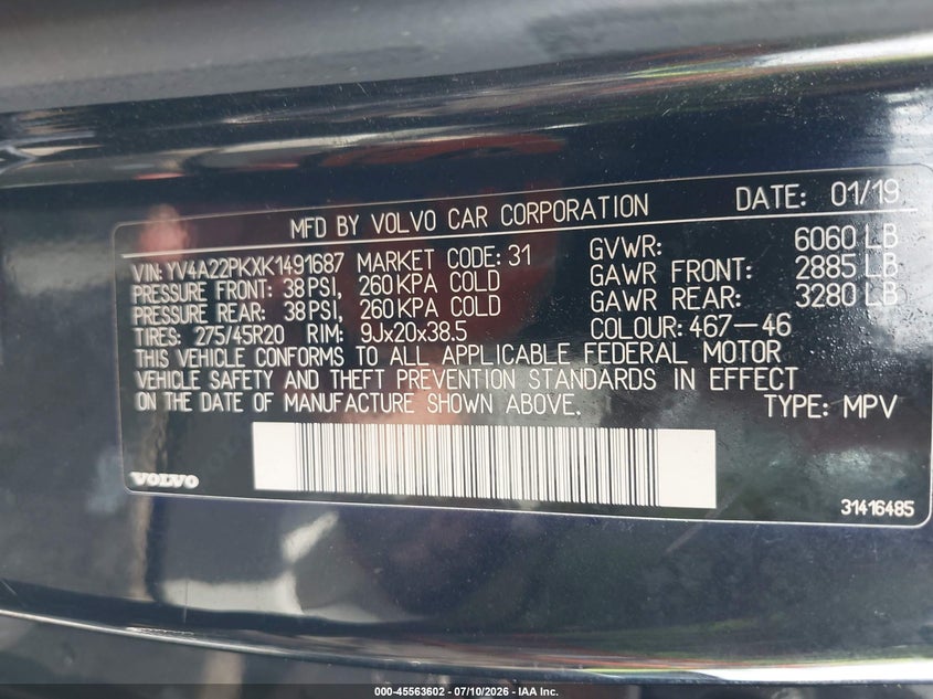 2019 Volvo Xc90 VIN YV4A22PKXK1491687 IAAI salvage auction — LEFT FRONT, Mv-907A (New York), sold $3,550 on 2026-07-28 (photo 9)