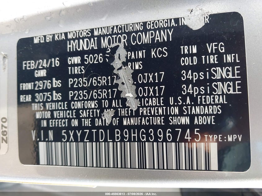2017 Hyundai Santa fe VIN 5XYZTDLB9HG396745 IAAI salvage auction — FRONT END, Salvage (Idaho), sold $575 on 2026-07-23 (photo 9)