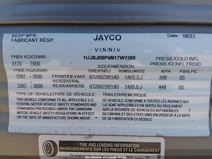 2021 Jayco Other VIN 1UJBJ0BP4M17W1260 IAAI salvage auction — SIDE, Regular Certificate (Iowa), sold $7,450 on 2026-09-16 (photo 9)