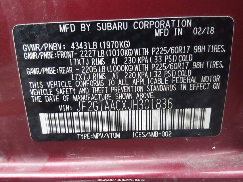 2018 Subaru Xv VIN JF2GTAACXJH301836 IAAI salvage auction — ROOF, Salvage (Pennsylvania), sold $1,600 on 2026-07-23 (photo 9)