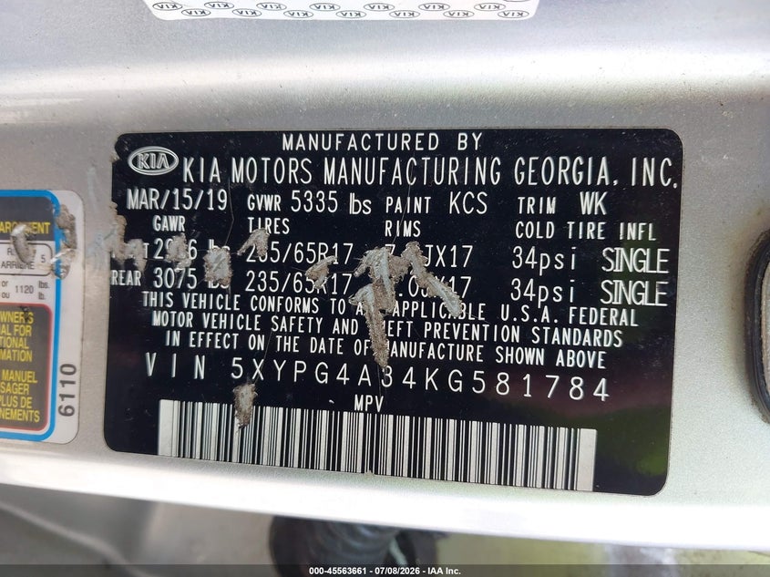 2019 Kia Sorento VIN 5XYPG4A34KG581784 IAAI salvage auction — MECHANICAL, Salvage Title, sold $2,250 on 2026-07-21 (photo 9)