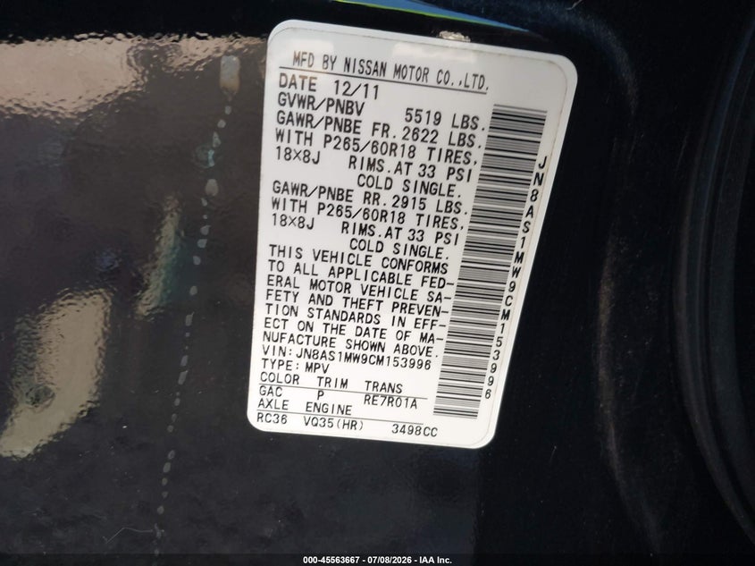 2012 Infiniti Fx35 VIN JN8AS1MW9CM153996 IAAI salvage auction — NORMAL WEAR, Original (Texas), sold $2,525 on 2026-07-09 (photo 9)