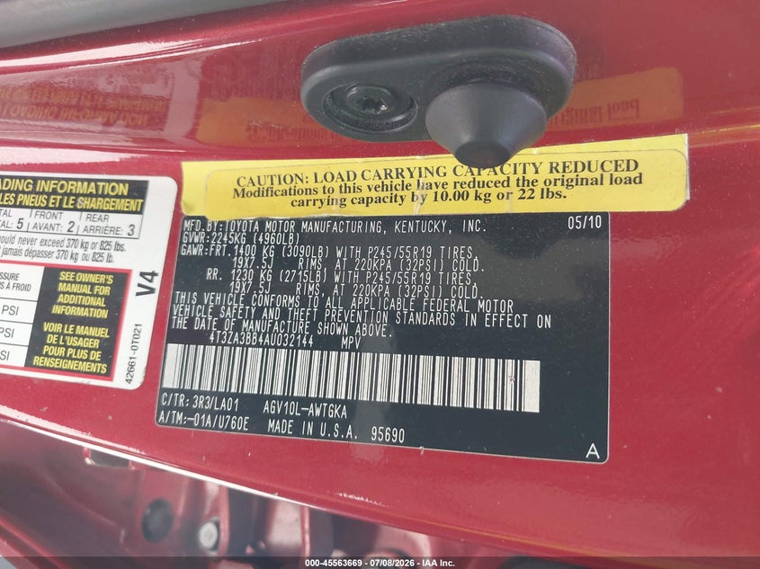 2010 Toyota Venza VIN 4T3ZA3BB4AU032144 IAAI salvage auction — NORMAL WEAR, Original (Texas), sold $3,900 on 2026-07-27 (photo 9)