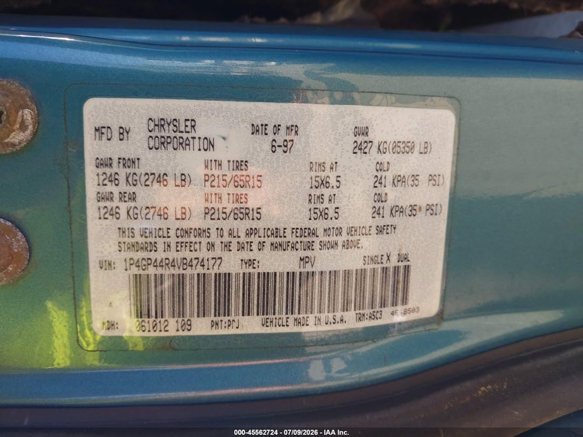1997 Plymouth Grand voyager VIN 1P4GP44R4VB474177 IAAI salvage auction — NORMAL WEAR, Clear (Washington), sold $300 on 2026-07-15 (photo 9)