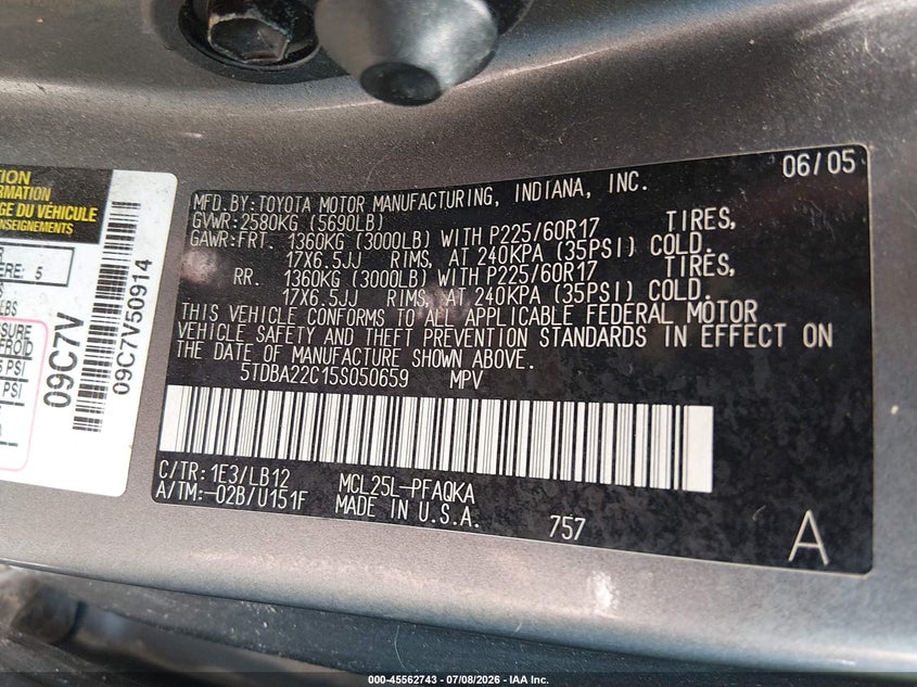 2005 Toyota Sienna VIN 5TDBA22C15S050659 IAAI salvage auction — NORMAL WEAR, Original (Ohio), sold $650 on 2026-07-28 (photo 9)