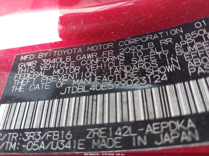 2009 Toyota Corolla VIN JTDBL40E599023124 IAAI salvage auction — NORMAL WEAR, Clear (Florida), sold $2,850 on 2026-07-14 (photo 9)