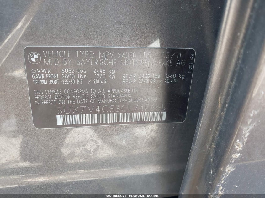 2012 BMW X5 VIN 5UXZV4C53CL747665 IAAI salvage auction — NORMAL WEAR, Clear (Connecticut), sold $425 on 2026-07-30 (photo 9)