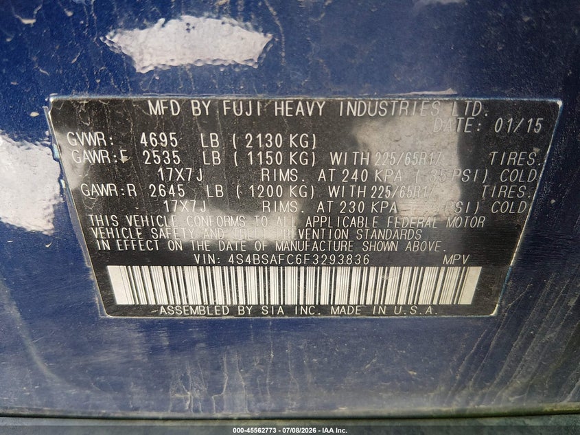 2015 Subaru Outback VIN 4S4BSAFC6F3293836 IAAI salvage auction — NORMAL WEAR, Regular (Nevada), sold $925 on 2026-07-24 (photo 9)
