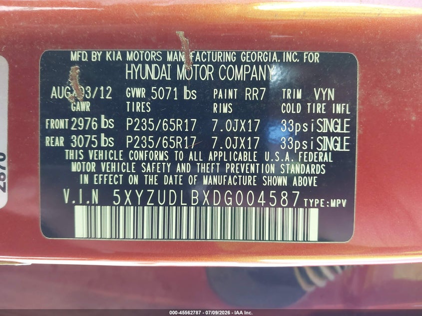 2013 Hyundai Santa fe VIN 5XYZUDLBXDG004587 IAAI salvage auction — NORMAL WEAR, Clear (Washington), sold $1,100 on 2026-07-29 (photo 9)