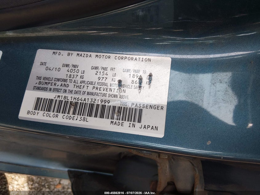 2010 Mazda 3 VIN JM1BL1H64A1321999 IAAI salvage auction — NORMAL WEAR, Clear (Tennessee), sold $250 on 2026-07-16 (photo 9)