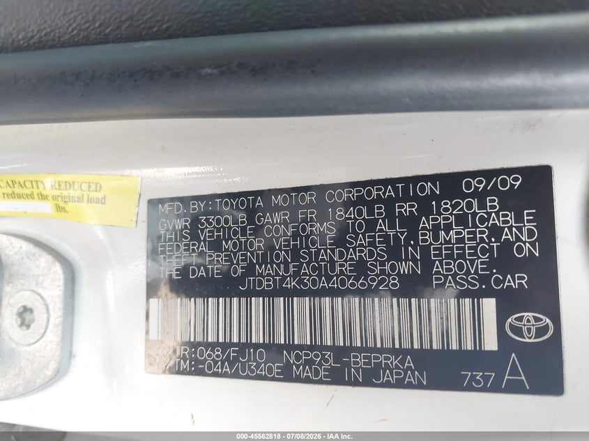 2010 Toyota Yaris VIN JTDBT4K30A4066928 IAAI salvage auction — NORMAL WEAR, Original (Texas), sold $225 on 2026-07-29 (photo 9)