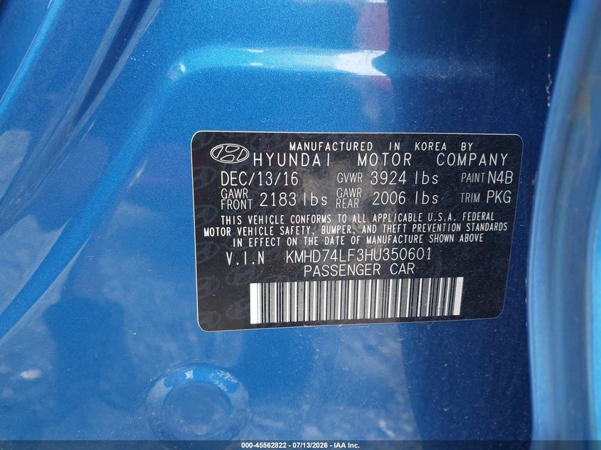2017 Hyundai Elantra VIN KMHD74LF3HU350601 IAAI salvage auction — NORMAL WEAR, Clear (Tennessee), sold $25 on 2026-07-23 (photo 9)