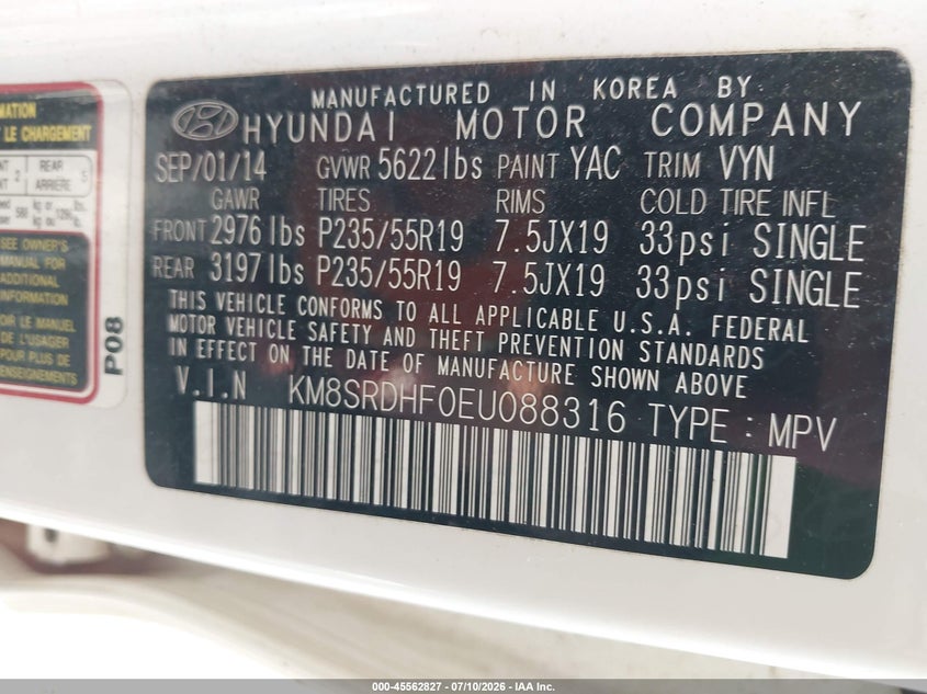 2014 Hyundai Santa fe VIN KM8SRDHF0EU088316 IAAI salvage auction — NORMAL WEAR, Clear (New York), sold $25 on 2026-07-21 (photo 9)