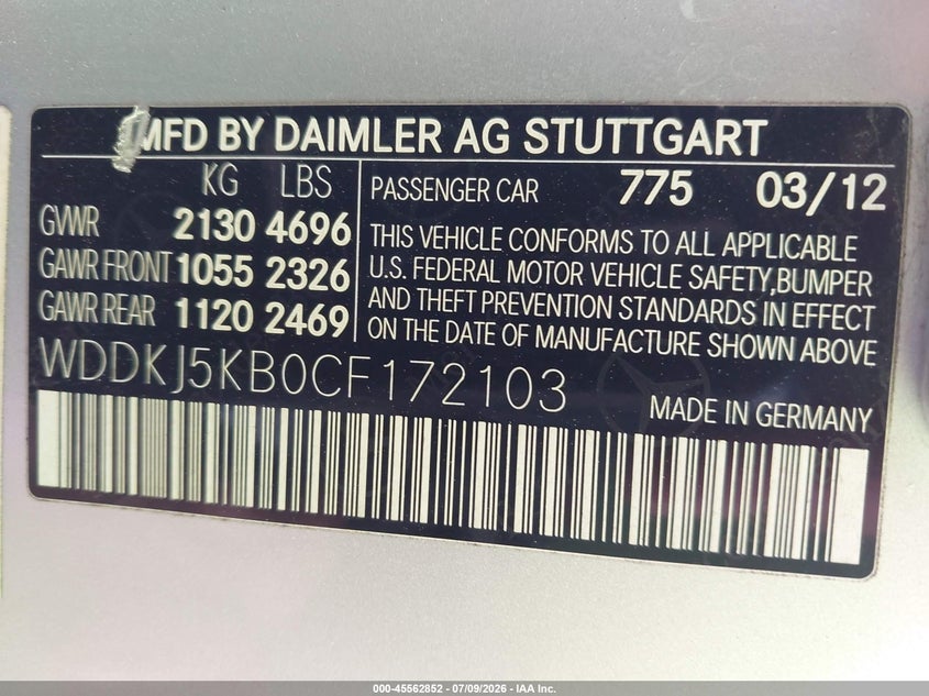 2012 Mercedes-benz E-class VIN WDDKJ5KB0CF172103 IAAI salvage auction — NORMAL WEAR, Original (Texas), sold $75 on 2026-07-27 (photo 9)