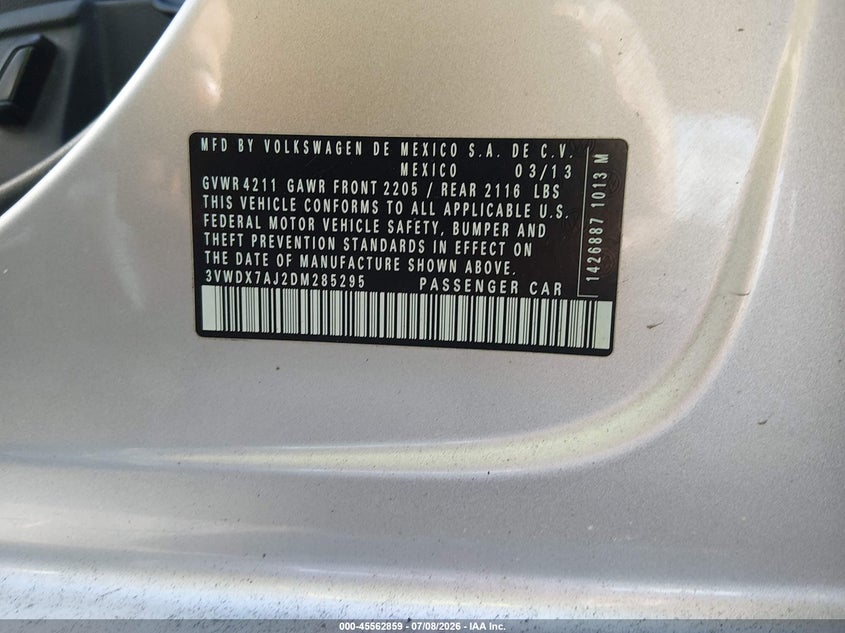 2013 Volkswagen Jetta VIN 3VWDX7AJ2DM285295 IAAI salvage auction — FRONT END, Salvage (Louisiana), sold $200 on 2026-07-29 (photo 9)