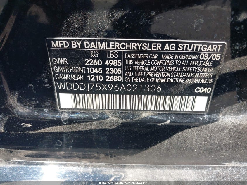2006 Mercedes-benz Cls-class VIN WDDDJ75X96A021306 IAAI salvage auction — NORMAL WEAR, Clear (Nevada), sold $400 on 2026-08-12 (photo 9)