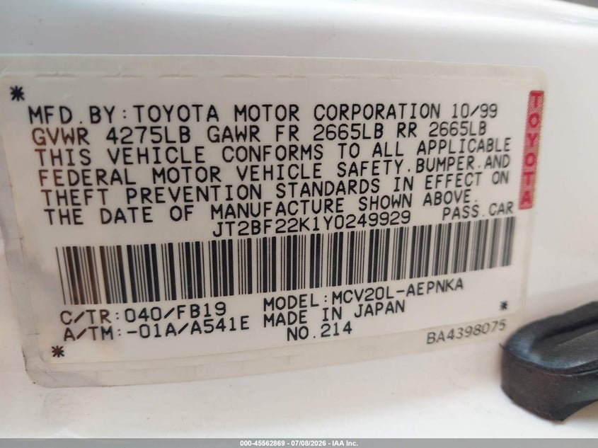 2000 Toyota Camry VIN JT2BF22K1Y0249929 IAAI salvage auction — NORMAL WEAR, Original (Texas), sold $25 on 2026-07-27 (photo 9)