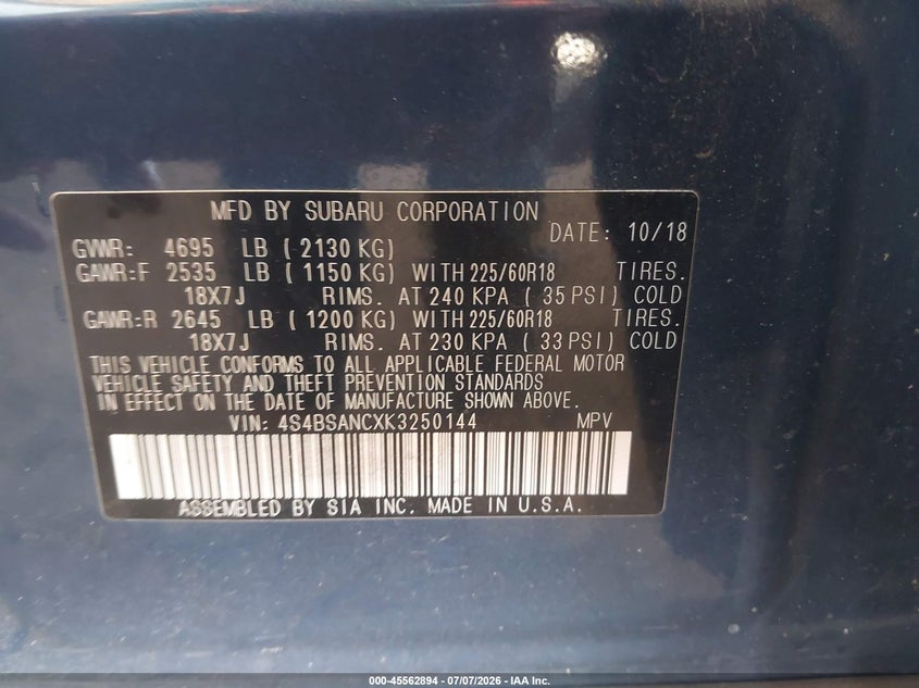 2019 Subaru Outback VIN 4S4BSANCXK3250144 IAAI salvage auction — NORMAL WEAR, Clear (Arizona), sold $10,100 on 2026-07-28 (photo 9)