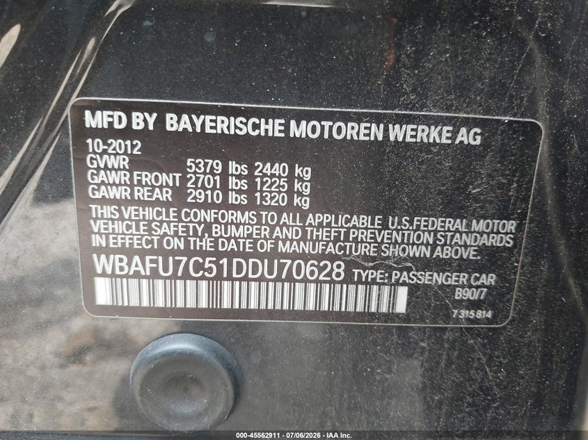 2013 BMW 5 series VIN WBAFU7C51DDU70628 IAAI salvage auction — NORMAL WEAR, Clear (Maryland), sold $1,300 on 2026-07-30 (photo 9)