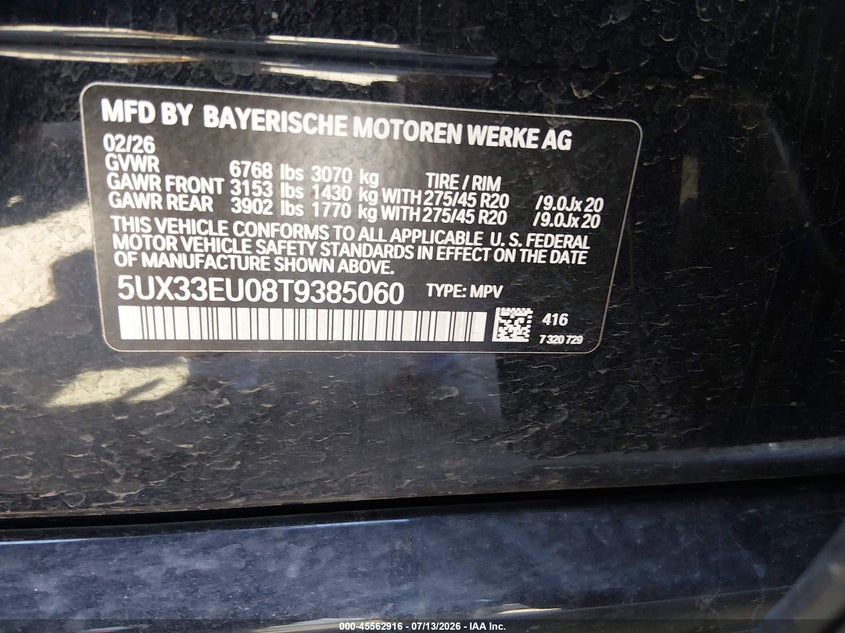 2026 BMW X5 VIN 5UX33EU08T9385060 IAAI salvage auction — LEFT FRONT, Clear (Colorado), sold $15,100 on 2026-07-21 (photo 9)