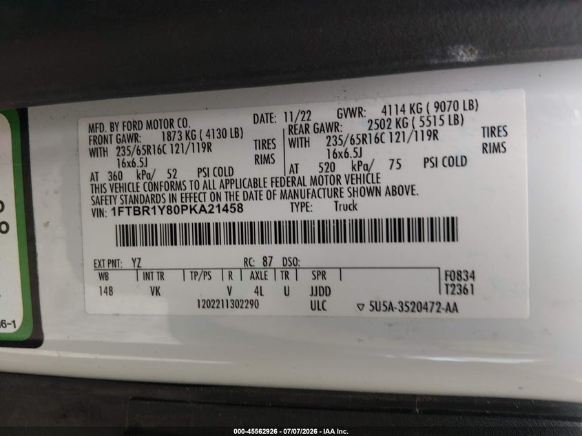 2023 Ford Transit-250 VIN 1FTBR1Y80PKA21458 IAAI salvage auction — NORMAL WEAR, Clear (New Jersey), sold $16,250 on 2026-07-14 (photo 9)