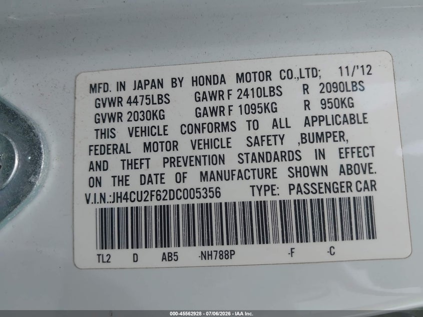 2013 Acura Tsx VIN JH4CU2F62DC005356 IAAI salvage auction — NORMAL WEAR, Clear (Maryland), sold $1,275 on 2026-07-30 (photo 9)