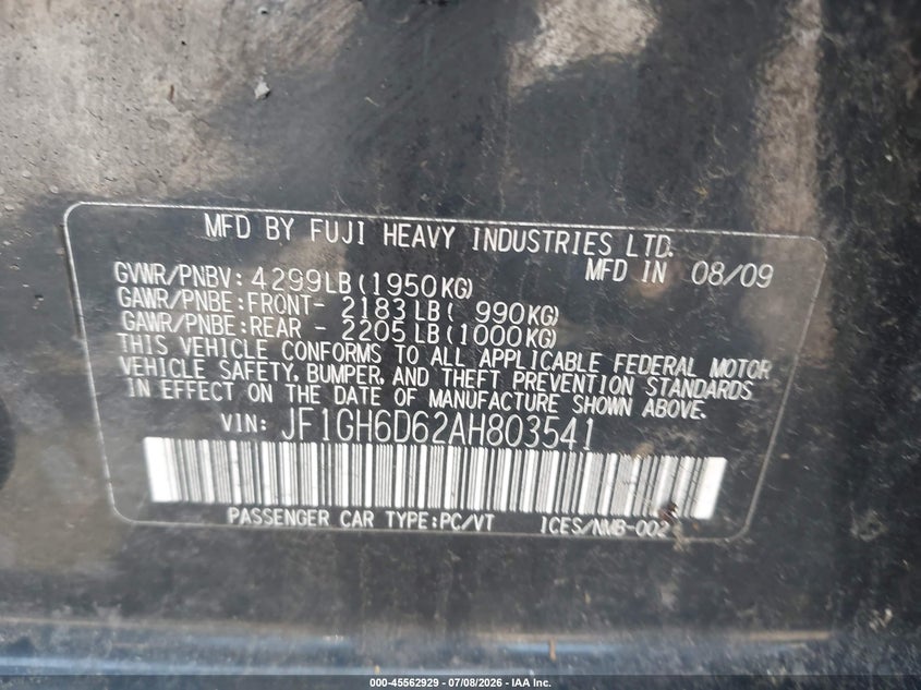 2010 Subaru Impreza VIN JF1GH6D62AH803541 IAAI salvage auction — NORMAL WEAR, Clear (New York), sold $275 on 2026-07-28 (photo 9)