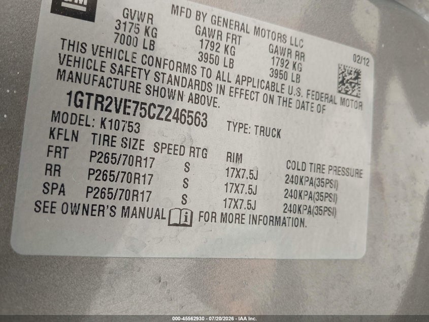 2012 Gmc SIERRA VIN 1GTR2VE75CZ246563 IAAI salvage auction — FRONT & REAR, Clear (Massachusetts), sold $725 on 2026-07-24 (photo 9)