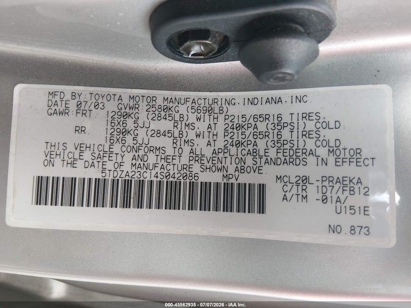 2004 Toyota Sienna VIN 5TDZA23C14S042086 IAAI salvage auction — NORMAL WEAR, Clear (New Jersey), sold $1,150 on 2026-07-09 (photo 9)