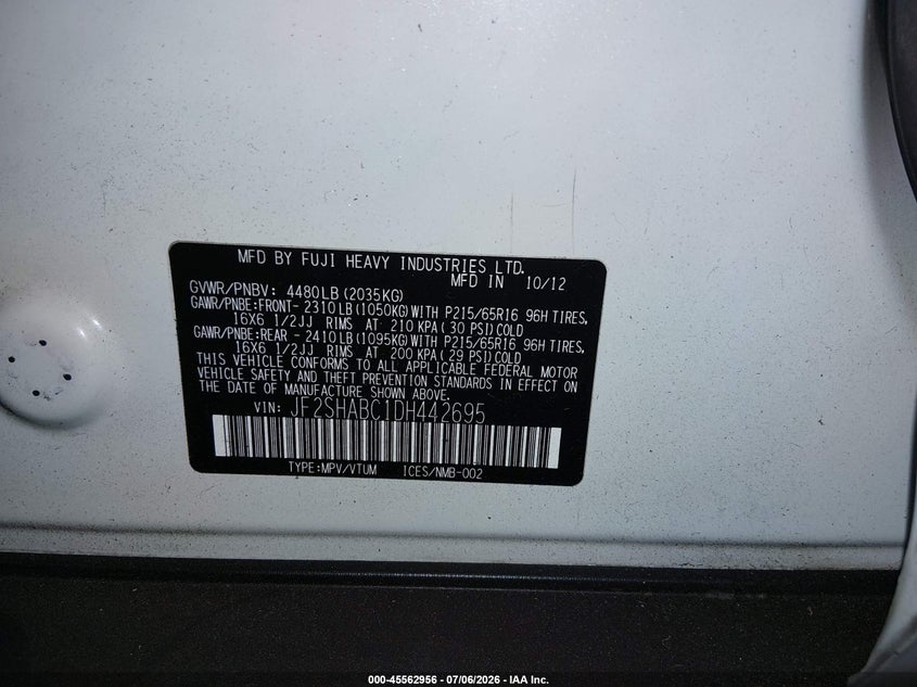 2013 Subaru Forester VIN JF2SHABC1DH442695 IAAI salvage auction — FRONT END, Salvage Title, sold $1,000 on 2026-07-28 (photo 9)
