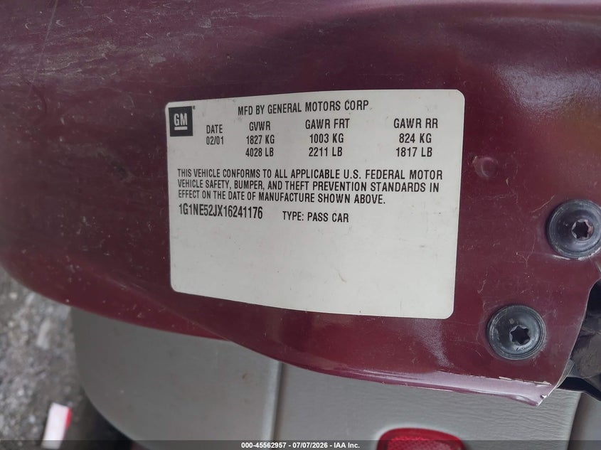 2001 Chevrolet Malibu VIN 1G1NE52JX16241176 IAAI salvage auction — FRONT END, Mv-907A (New York), sold $250 on 2026-07-24 (photo 9)