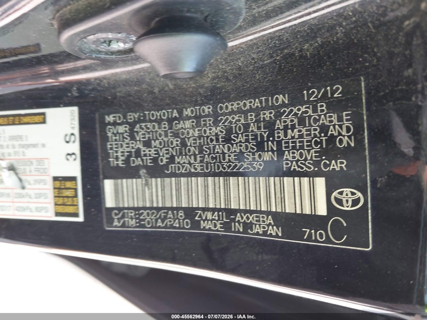 2013 Toyota Prius v VIN JTDZN3EU1D3222539 IAAI salvage auction — NORMAL WEAR, Clear (Illinois), sold $650 on 2026-07-28 (photo 9)
