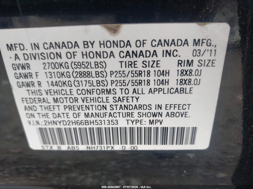 2011 Acura Mdx VIN 2HNYD2H66BH531353 IAAI salvage auction — SIDE, Clear (Virginia), sold $700 on 2026-08-02 (photo 9)