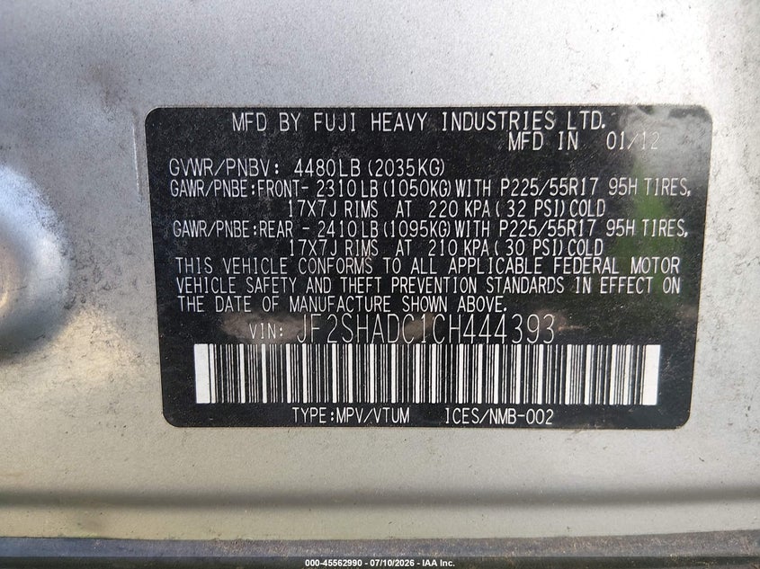 2012 Subaru Forester VIN JF2SHADC1CH444393 IAAI salvage auction — NORMAL WEAR, Clear-Dealer Only (North Carolina), sold $400 on 2026-07-29 (photo 9)