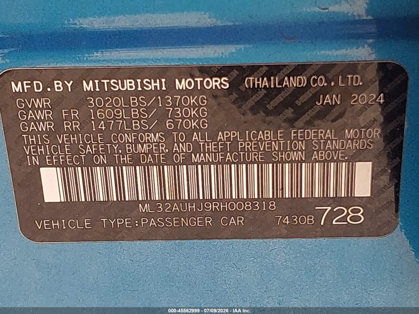 2024 Mitsubishi Mirage VIN ML32AUHJ9RH008318 IAAI salvage auction — FRONT & REAR, Certificate Of Destruction (Florida), sold $2,000 on 2026-07-16 (photo 9)