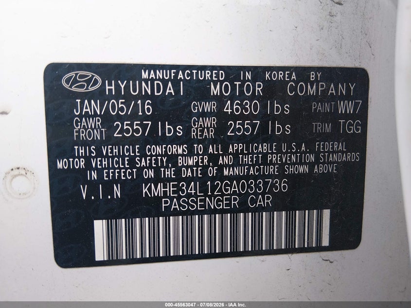 2016 Hyundai Sonata VIN KMHE34L12GA033736 IAAI salvage auction — NORMAL WEAR, Clear (Maryland), sold $1,600 on 2026-07-29 (photo 9)