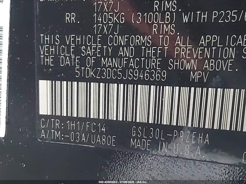 2018 Toyota Sienna VIN 5TDKZ3DC5JS946369 IAAI salvage auction — RIGHT SIDE, Salvage Title, sold $2,225 on 2026-07-21 (photo 9)