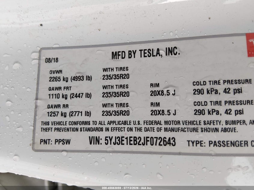2018 Tesla Model 3 VIN 5YJ3E1EB2JF072643 IAAI salvage auction — SIDE, Salvage Title, sold $5,600 on 2026-07-25 (photo 9)