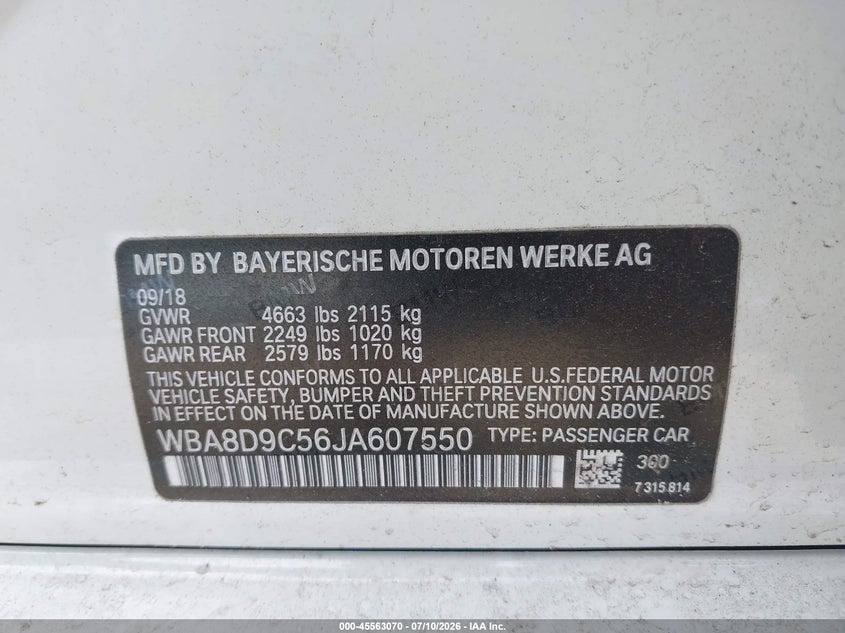 2018 BMW 3er VIN WBA8D9C56JA607550 IAAI salvage auction — MECHANICAL, Salvage (Massachusetts), sold $7,500 on 2026-08-05 (photo 9)