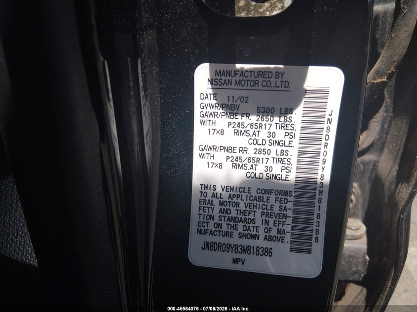2003 Nissan Pathfinder VIN JN8DR09Y83W818386 IAAI salvage auction — NORMAL WEAR, Clear (New Jersey), sold $400 on 2026-07-20 (photo 9)