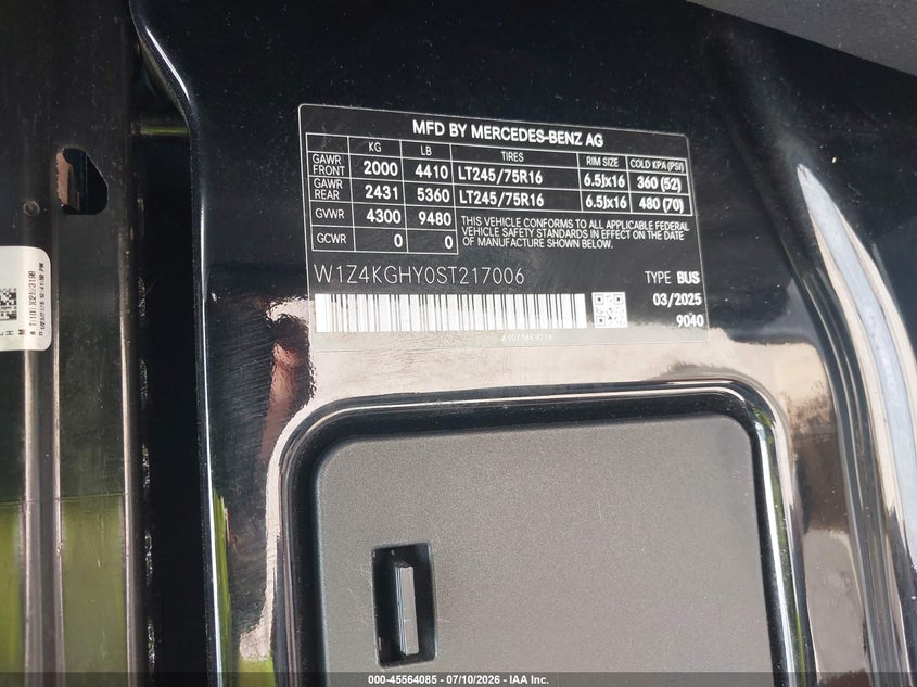 2025 Mercedes-benz Sprinter VIN W1Z4KGHY0ST217006 IAAI salvage auction — LEFT SIDE, Enterprise Vehicles Clear Only (Florida), sold $25,250 on 2026-07-21 (photo 9)