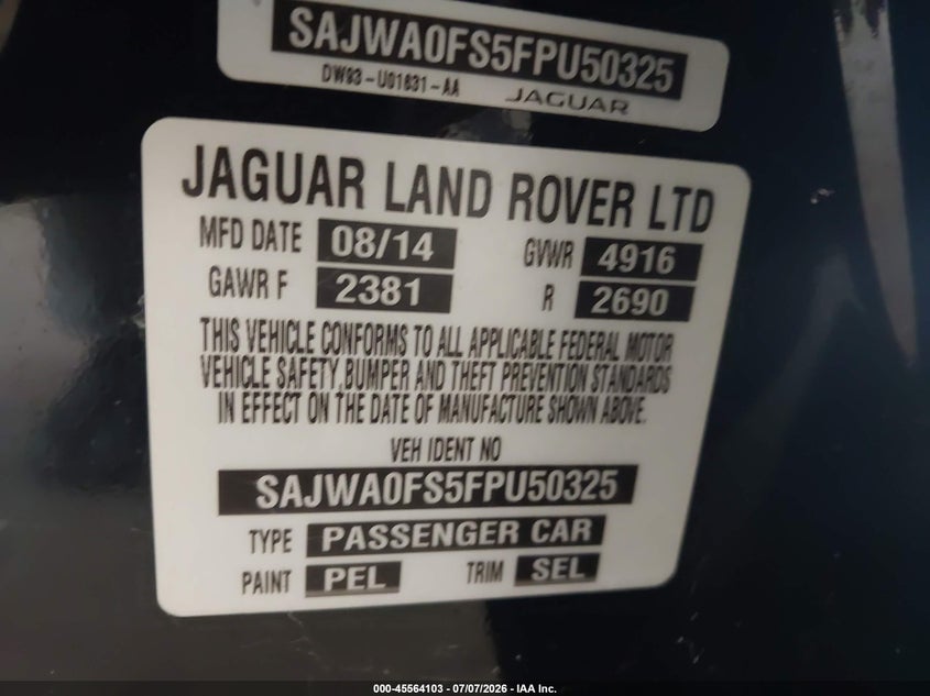 2015 Jaguar Xf VIN SAJWA0FS5FPU50325 IAAI salvage auction — NORMAL WEAR, Clear (Georgia), sold $1,100 on 2026-07-29 (photo 9)