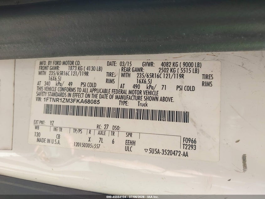2015 Ford Transit-250 VIN 1FTNR1ZM3FKA68085 IAAI salvage auction — TRANSMISSION, Clear (Georgia), sold $1,300 on 2026-07-09 (photo 9)