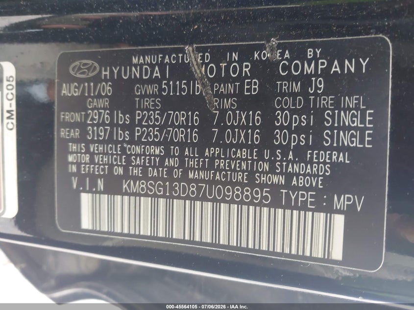 2007 Hyundai Santa fe VIN KM8SG13D87U098895 IAAI salvage auction — NORMAL WEAR, Clear (Pennsylvania), sold $1,300 on 2026-07-10 (photo 9)
