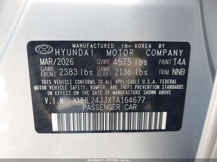 2026 Hyundai Sonata VIN KMHL24JJXTA164677 IAAI salvage auction — RIGHT FRONT, Rebuildable (Florida), sold $9,075 on 2026-07-14 (photo 9)