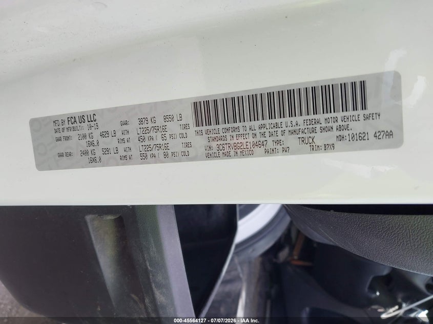 2020 Ram Promaster city VIN 3C6TRVBG2LE104647 IAAI salvage auction — RIGHT REAR, Mv-907A (New York), sold $4,400 on 2026-07-18 (photo 9)